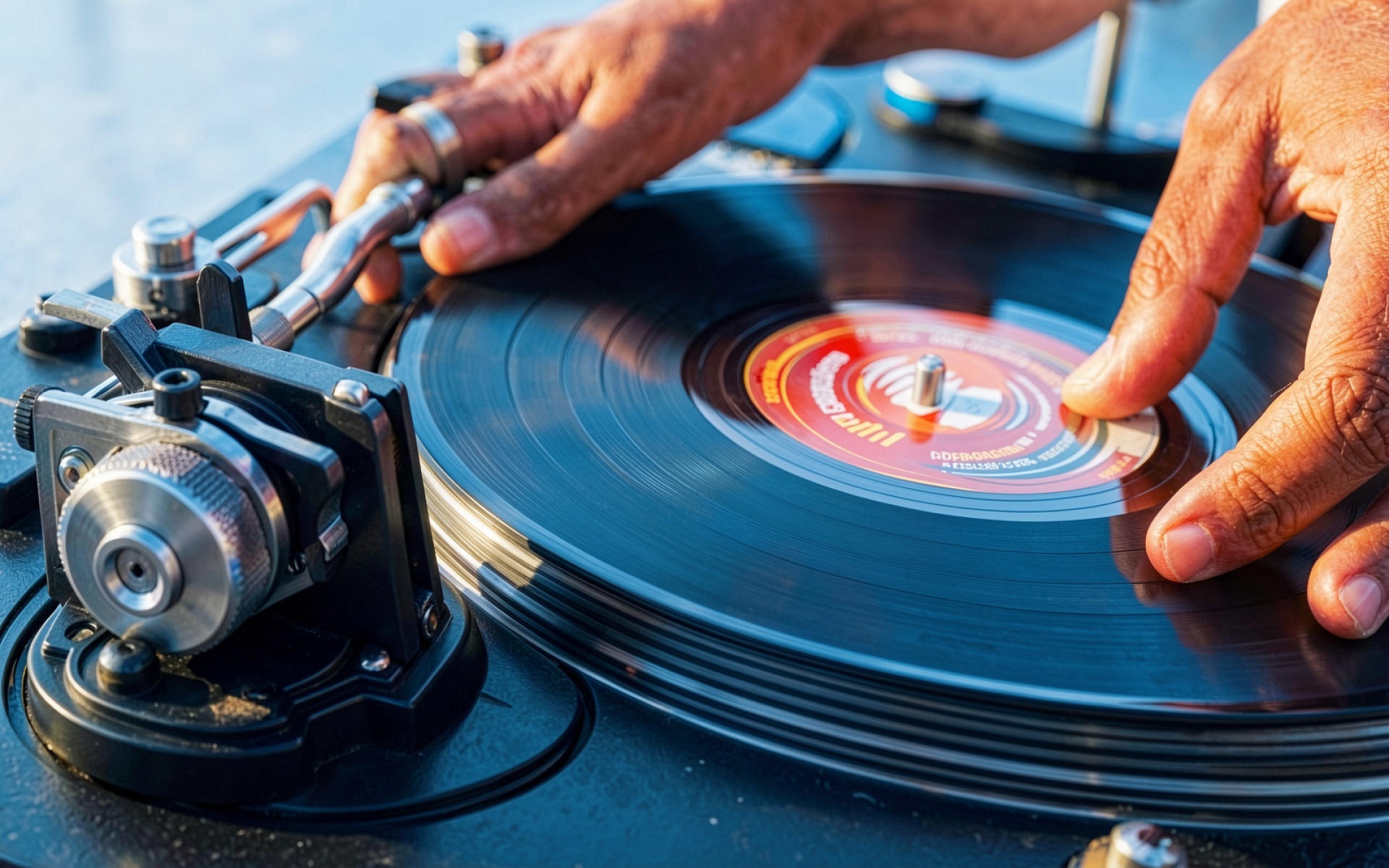 Виниловый проигрыватель черная пластинка руки диджея