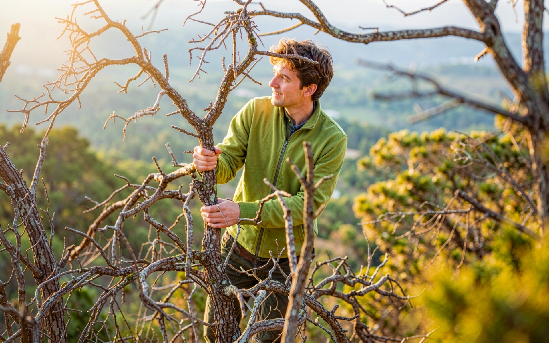 Мужчина в зеленом флисе среди деревьев