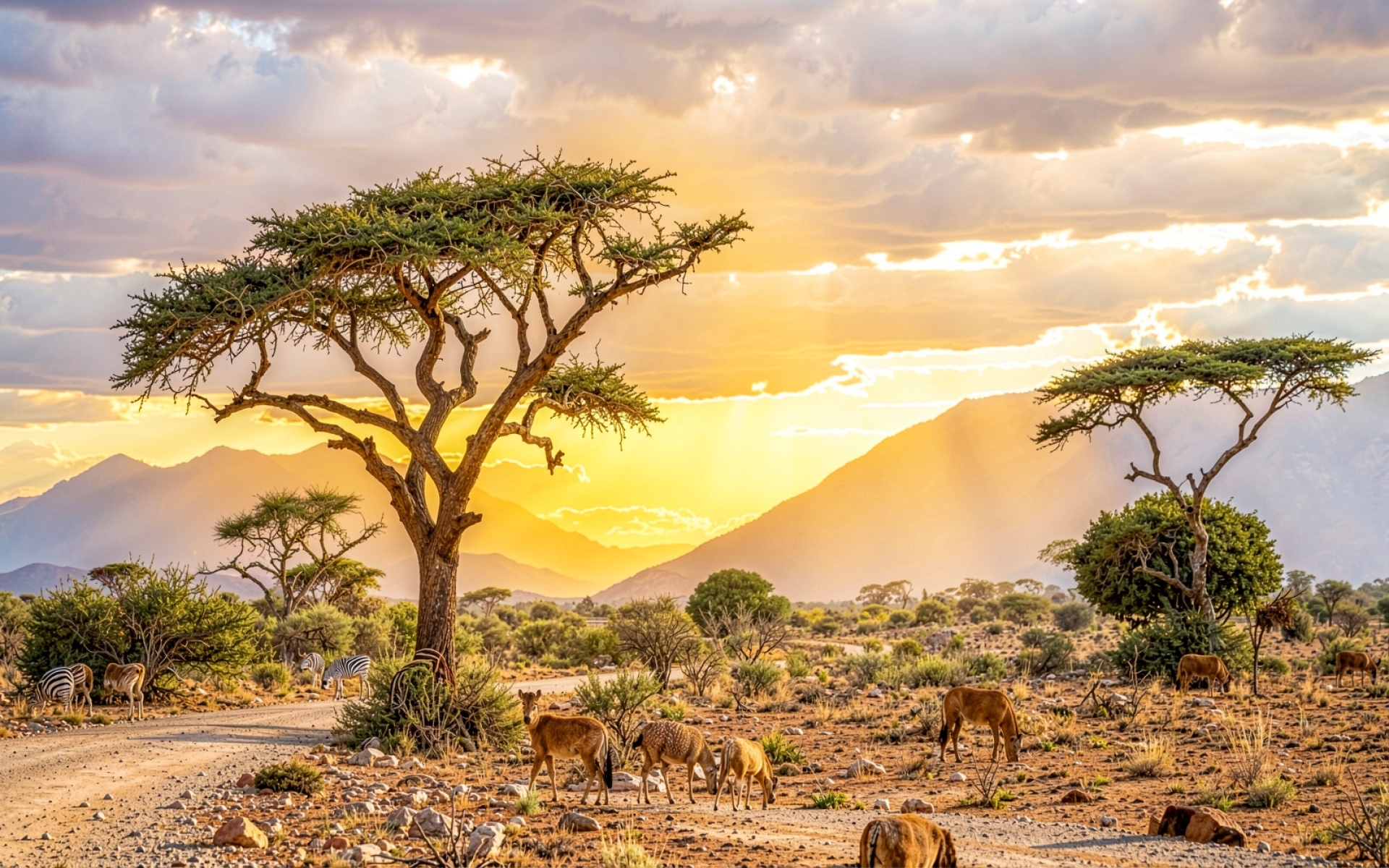 Африканская саванна закат акация антилопы