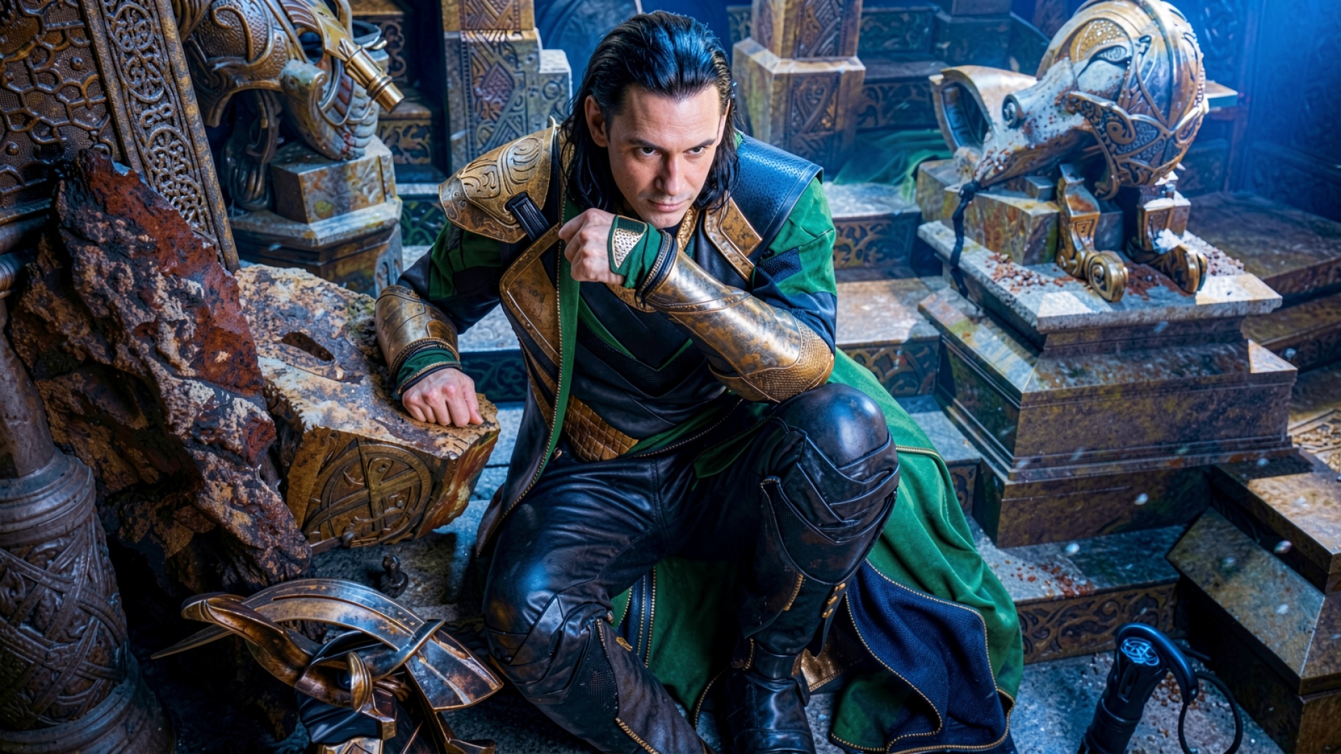 Локи в зеленом костюме среди руин