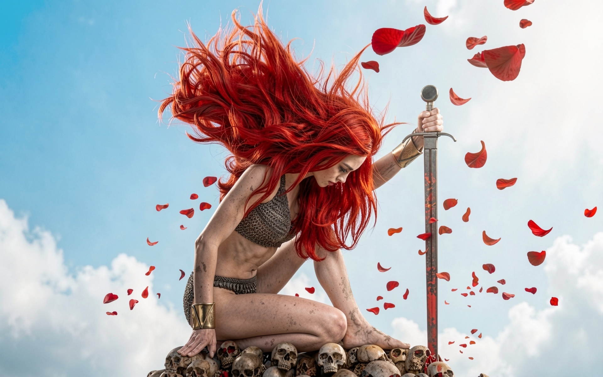 Воительница с красными волосами на черепах