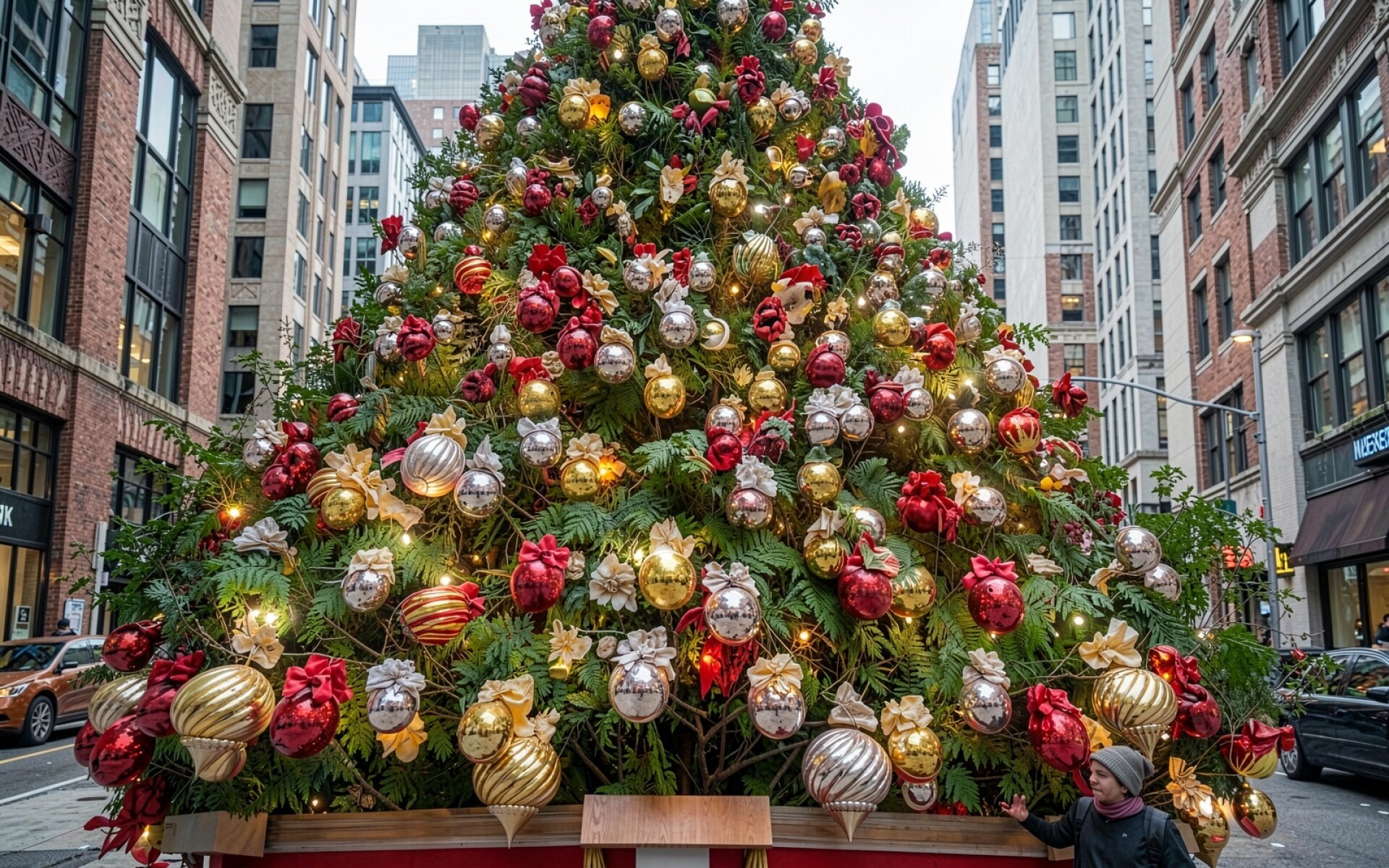 Рождественская ель красные золотые шары город