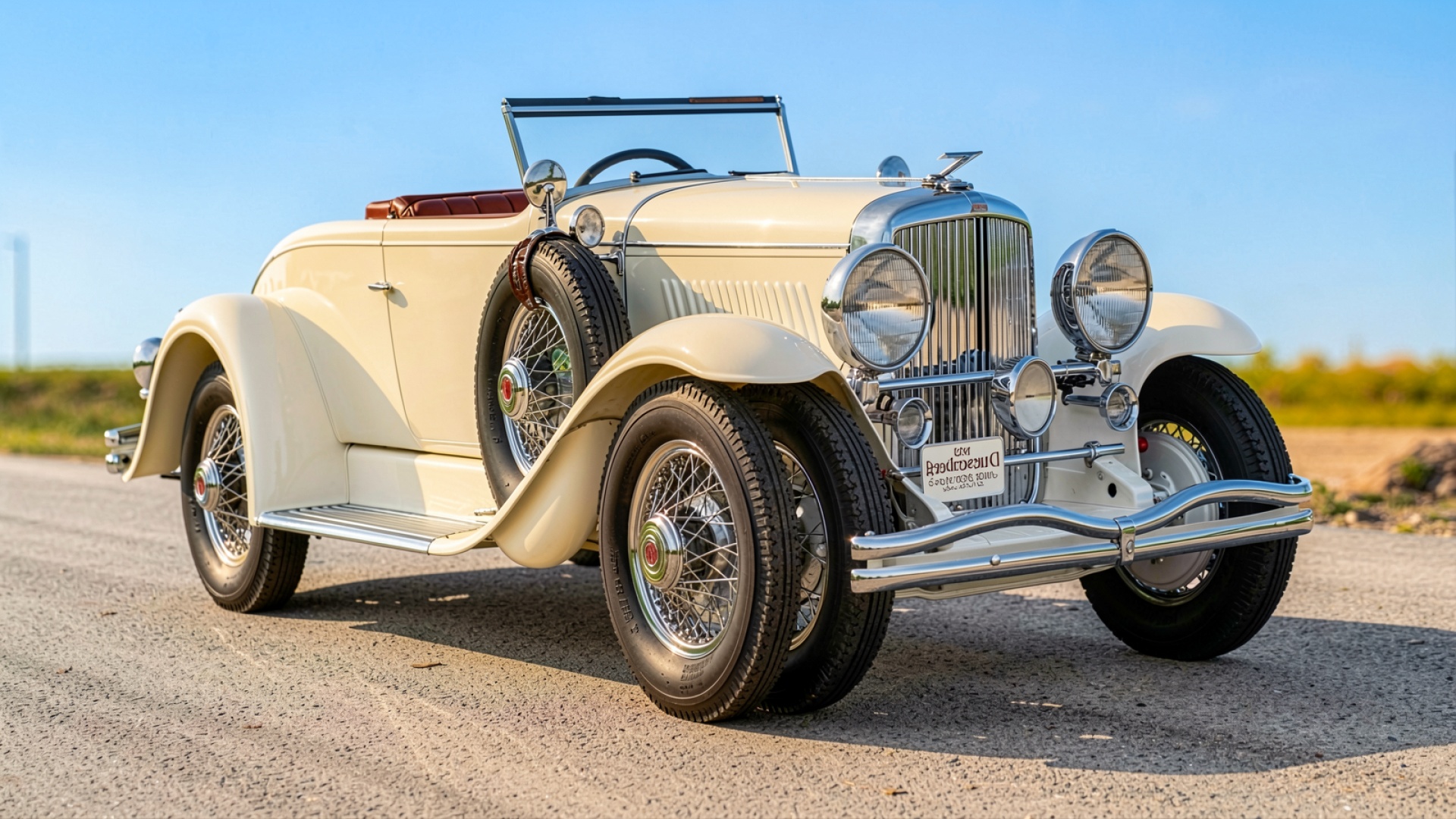 Ретро автомобиль кремового цвета на дороге