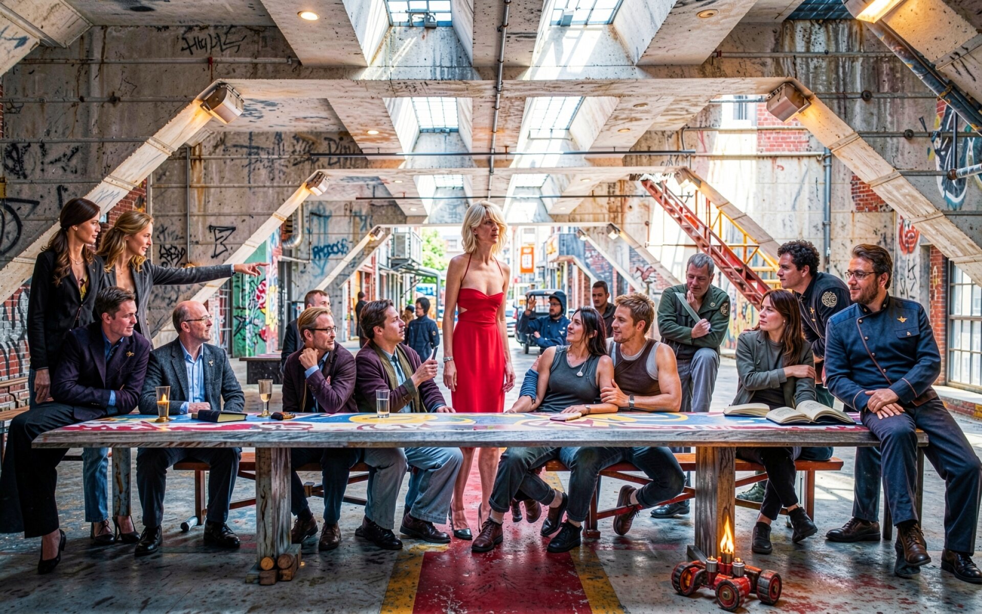 Кадр из фильма Чародейница группа героев в индустриальном интерьере