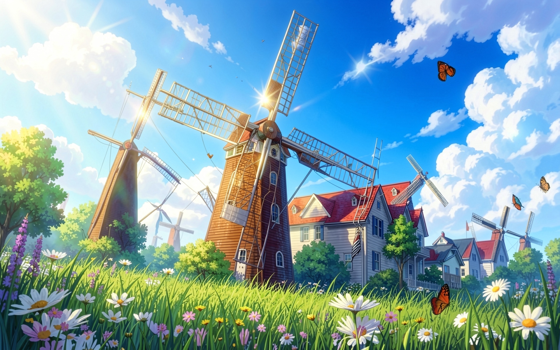 Аниме пейзаж с ветряными мельницами и цветами