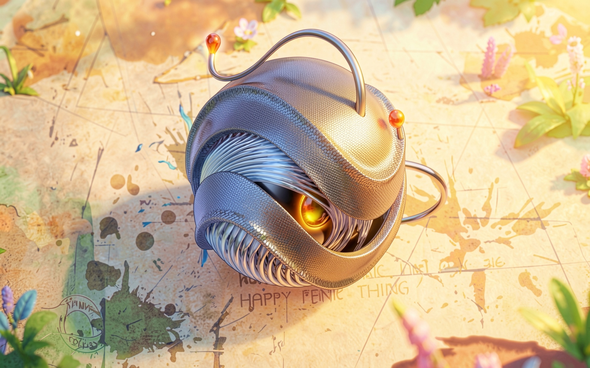 Робот-сфера серебристый металлик в солнечной саванне