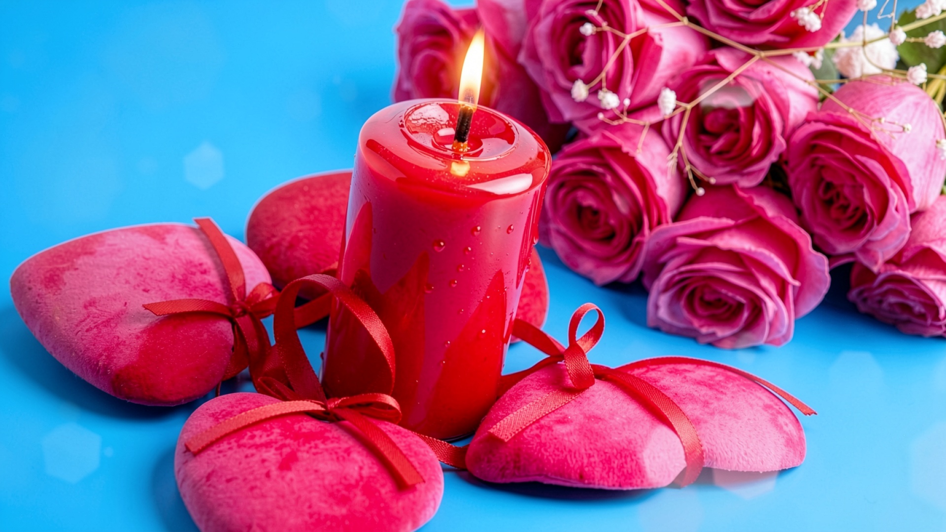 Красная свеча и розы в романтическом стиле на голубом фоне