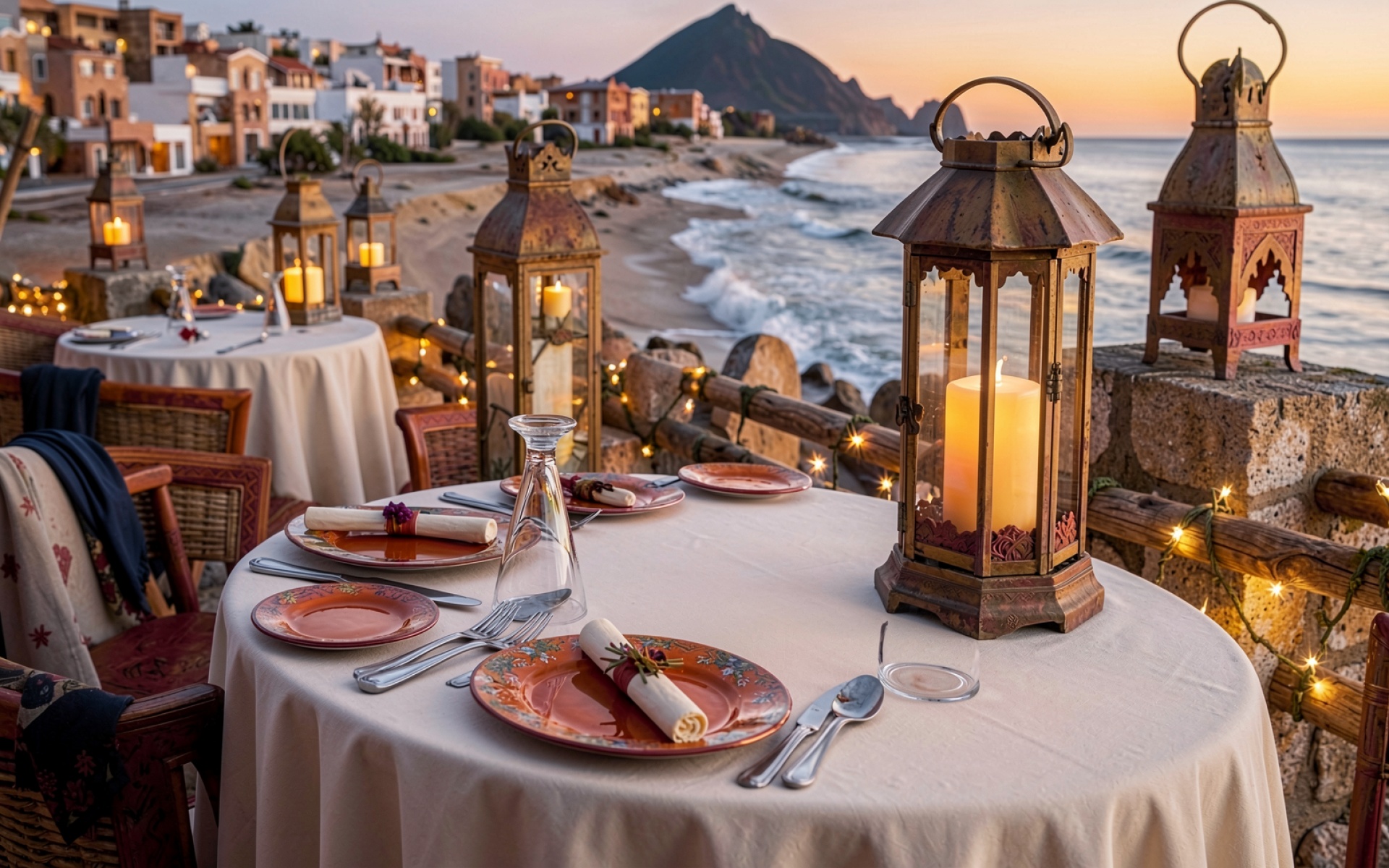 Романтический ужин на берегу моря с фонарями