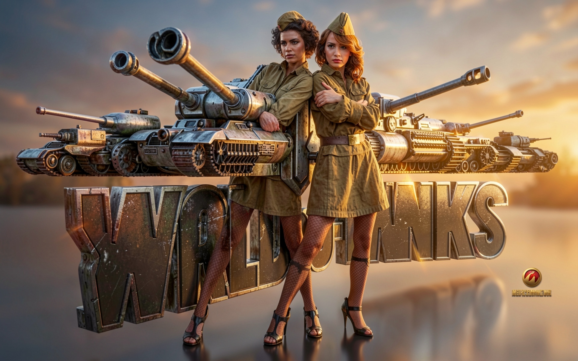 Две девушки в военной форме на фоне танков