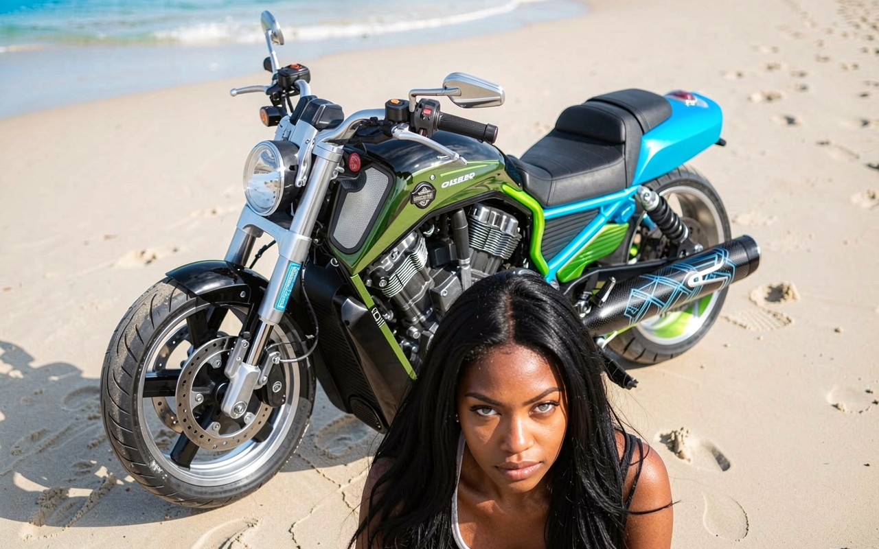 Чернокожая девушка с зеленым мотоциклом на пляже