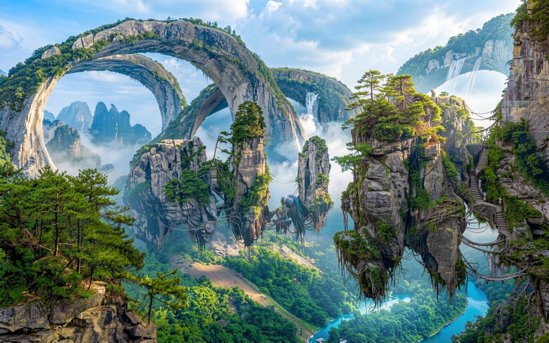 Летающие острова в тумане фэнтези пейзаж