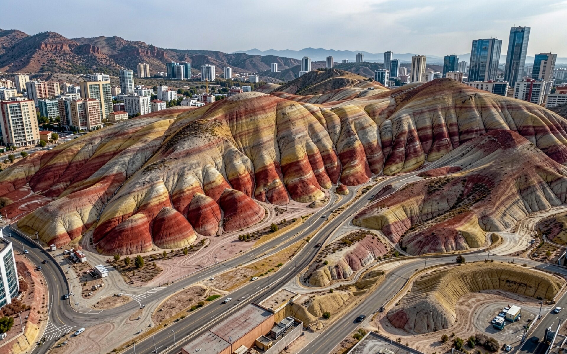 Радужные горы в окружении современного города