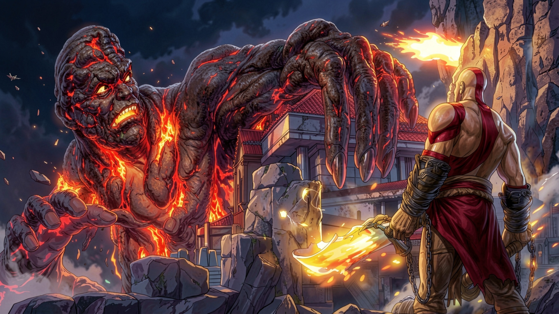 Кратос против огненного титана в античном городе