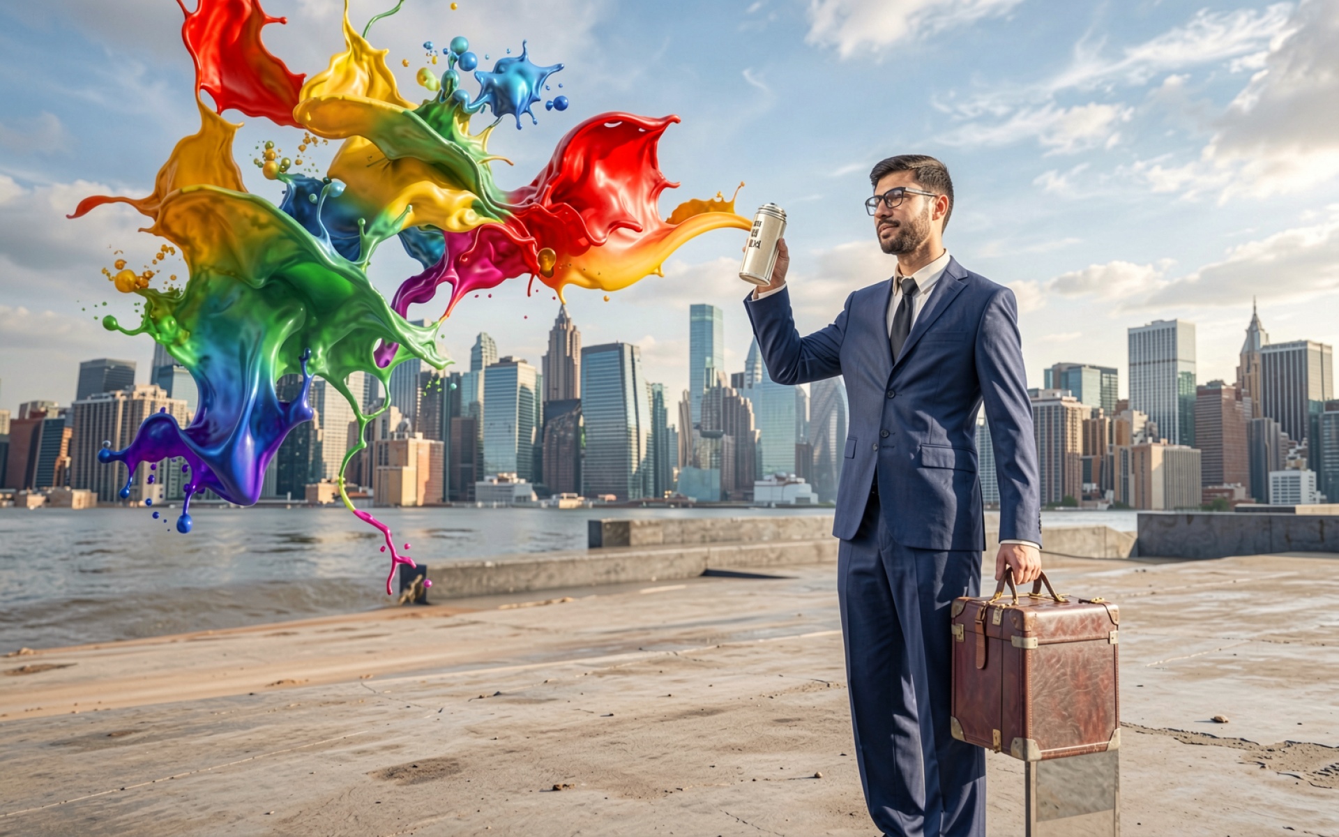 Бизнесмен с баллончиком разноцветной краски город