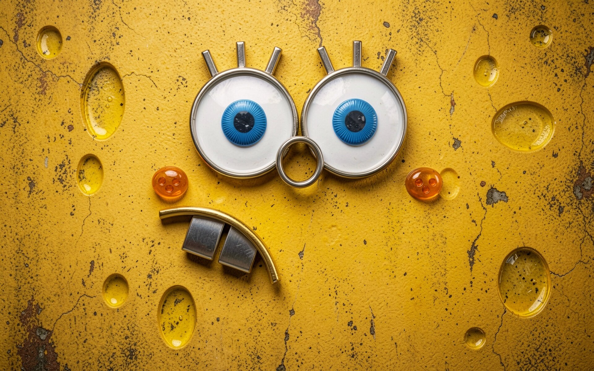 Грустный смайл из металлических деталей желтый фон