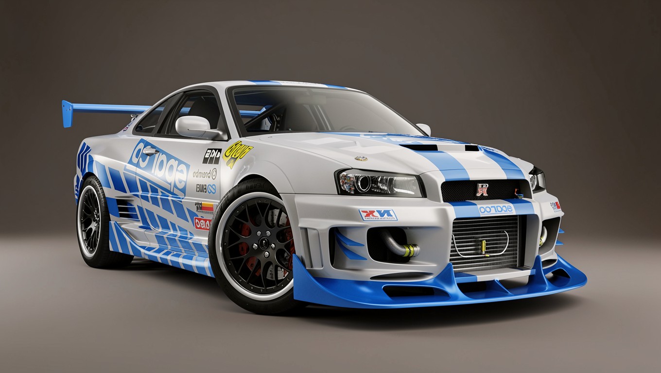 Белый гоночный Nissan GT-R синий винил