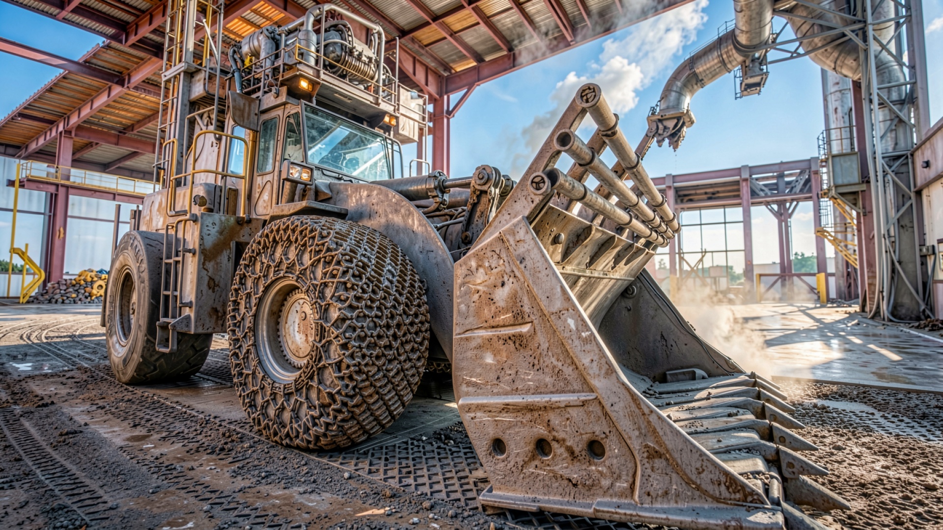 Фронтальный погрузчик в индустриальном цеху с пылью