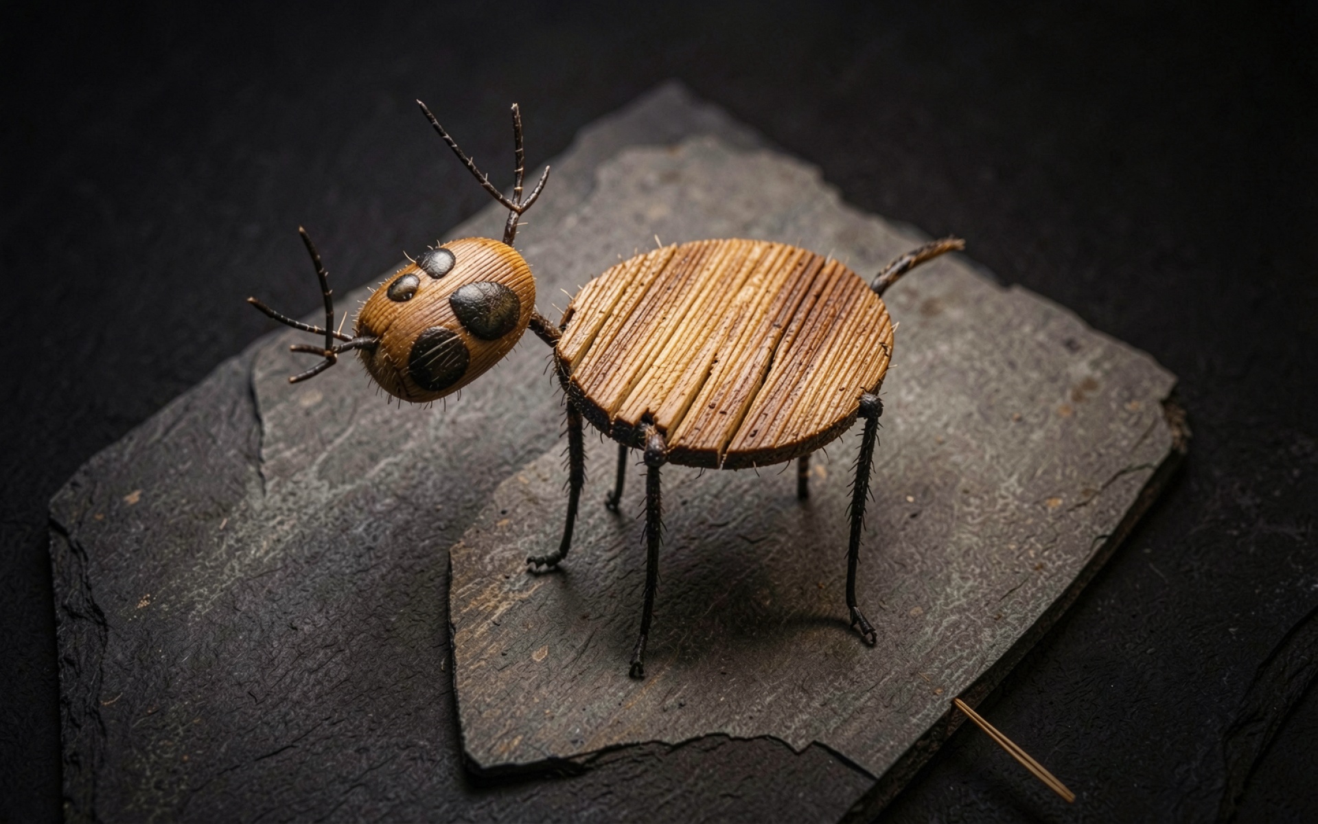 Деревянный жук на темном сланцевом камне