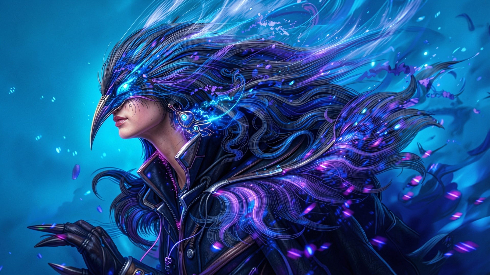 Девушка в маске ворона синие перья