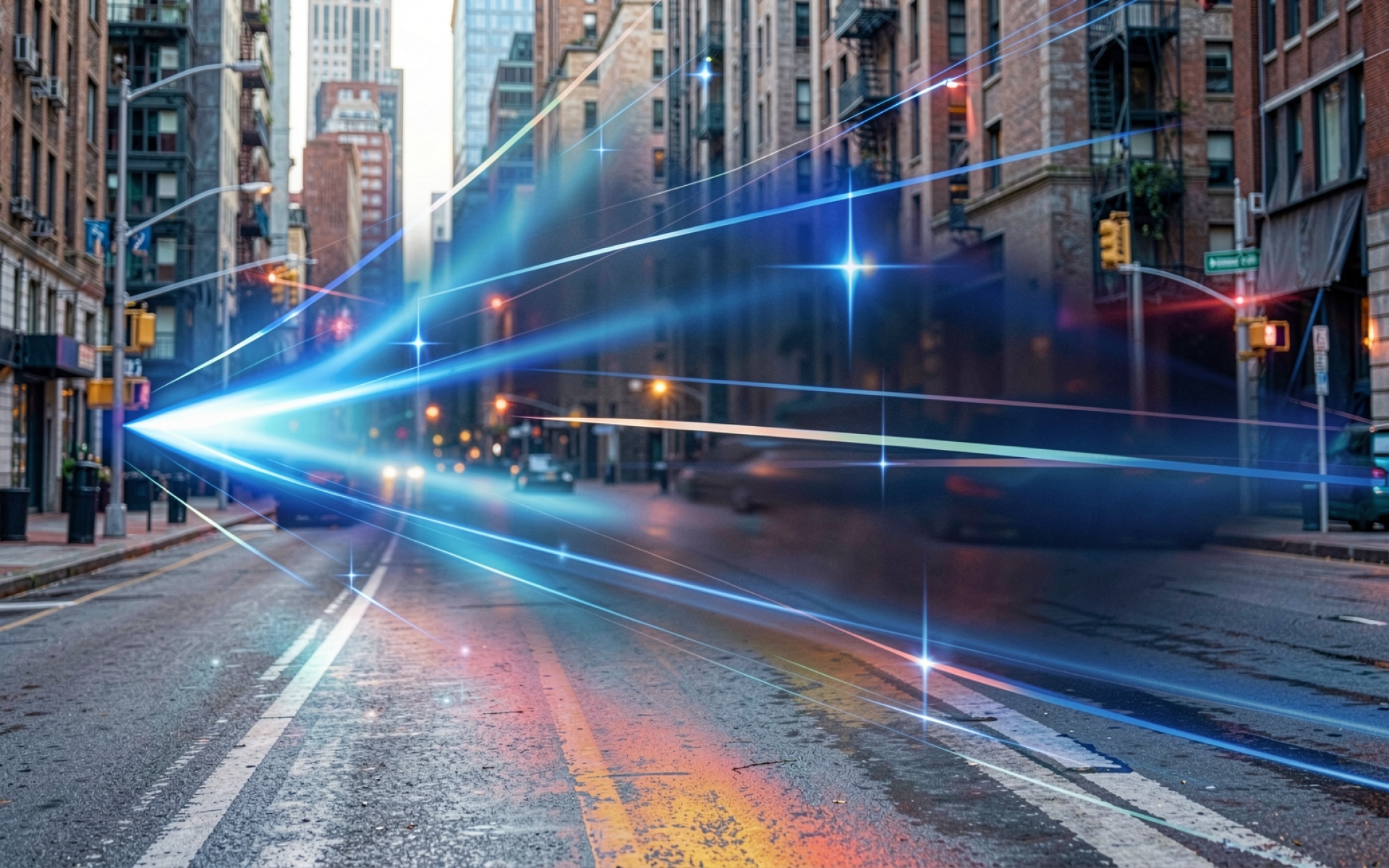 Футуристичные синие неоновые линии в городском пейзаже