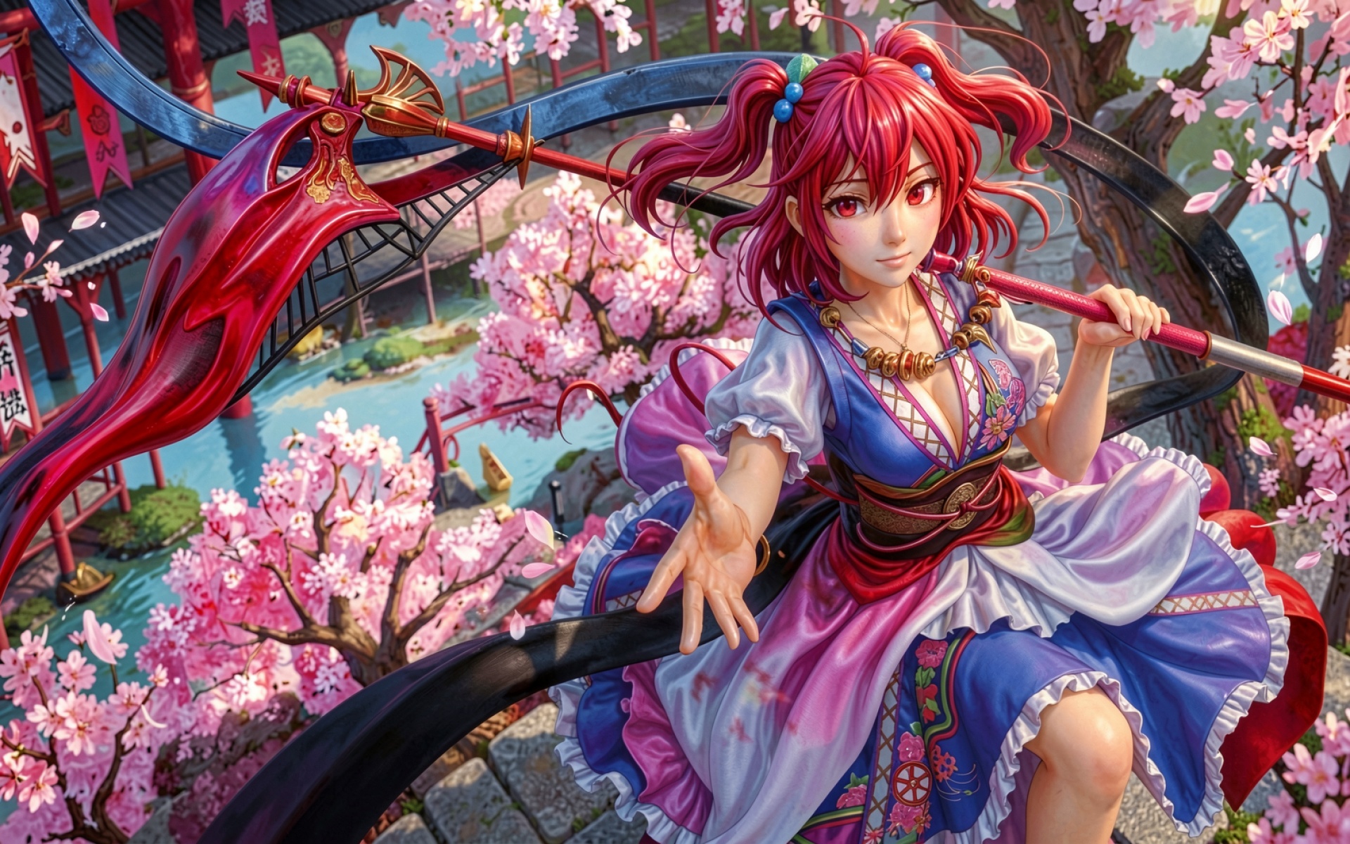 Девушка с красными волосами в саду сакуры