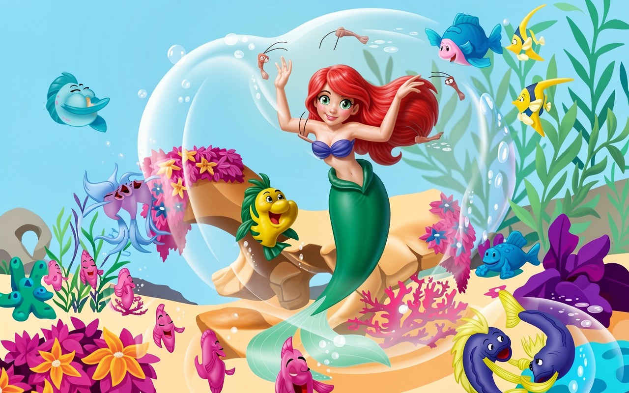 Русалка Ариэль в пузыре среди кораллов