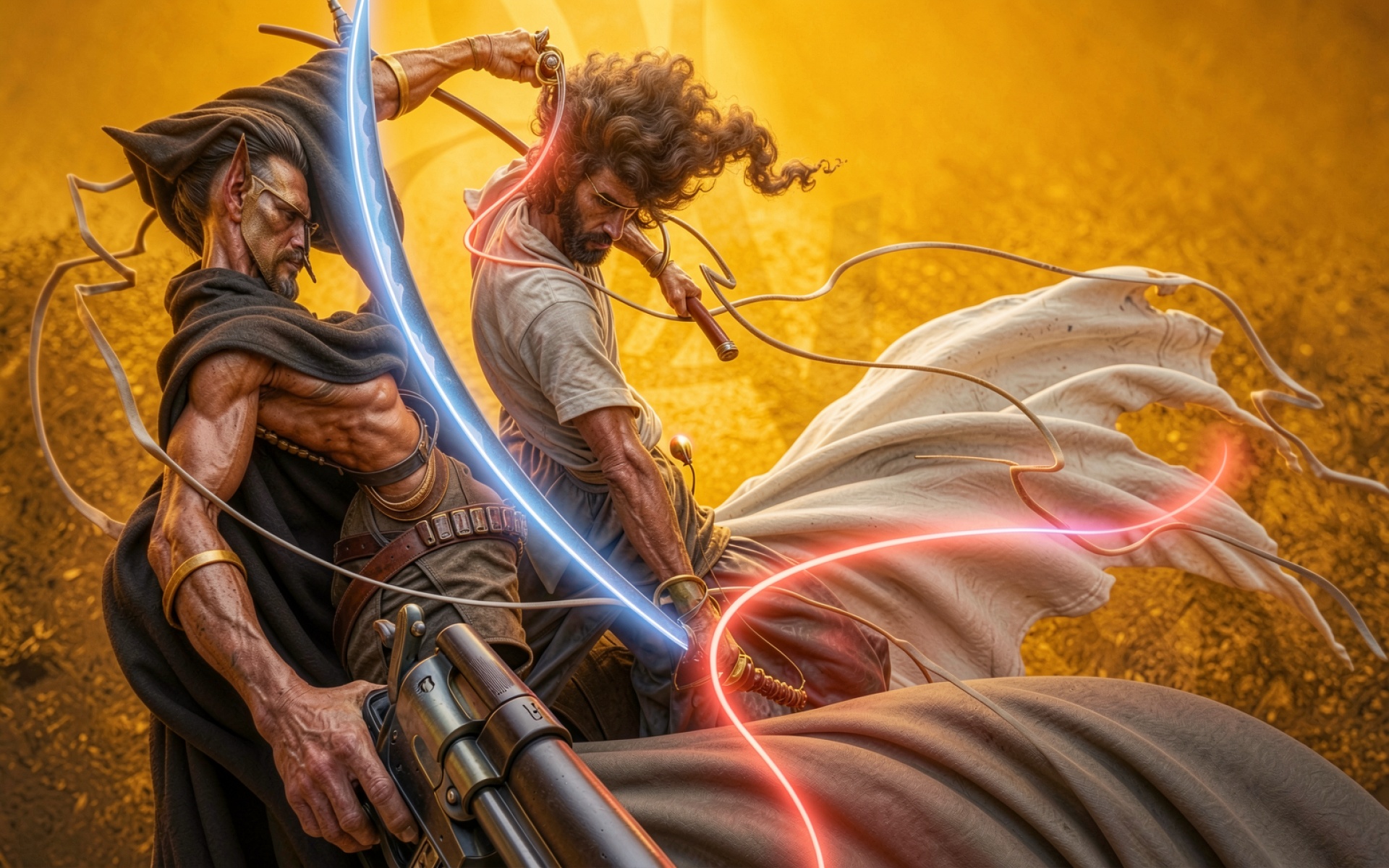 Эльф и воин в эпической битве золото