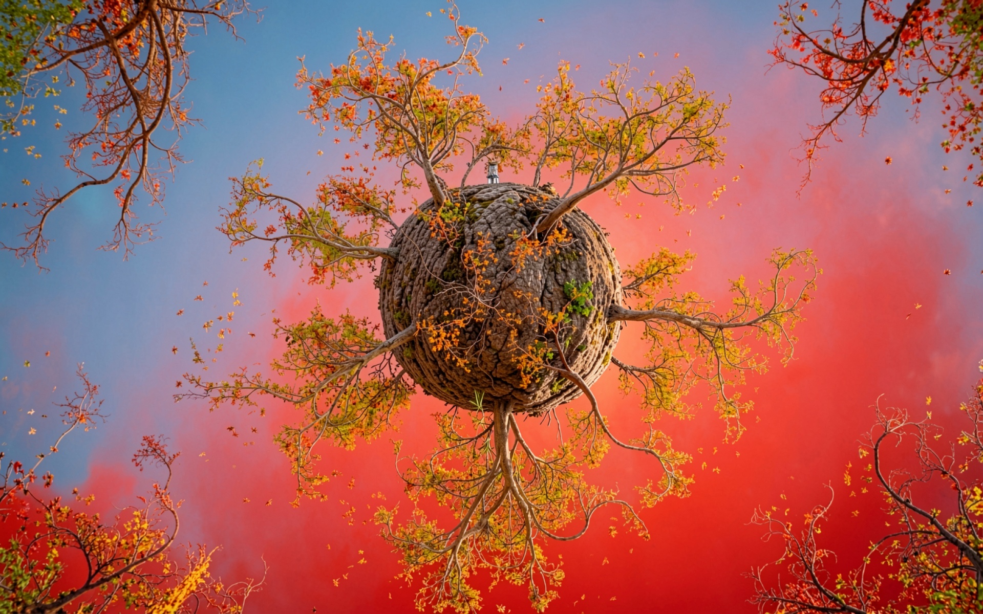 Сферическое дерево с желтыми листьями в красном тумане