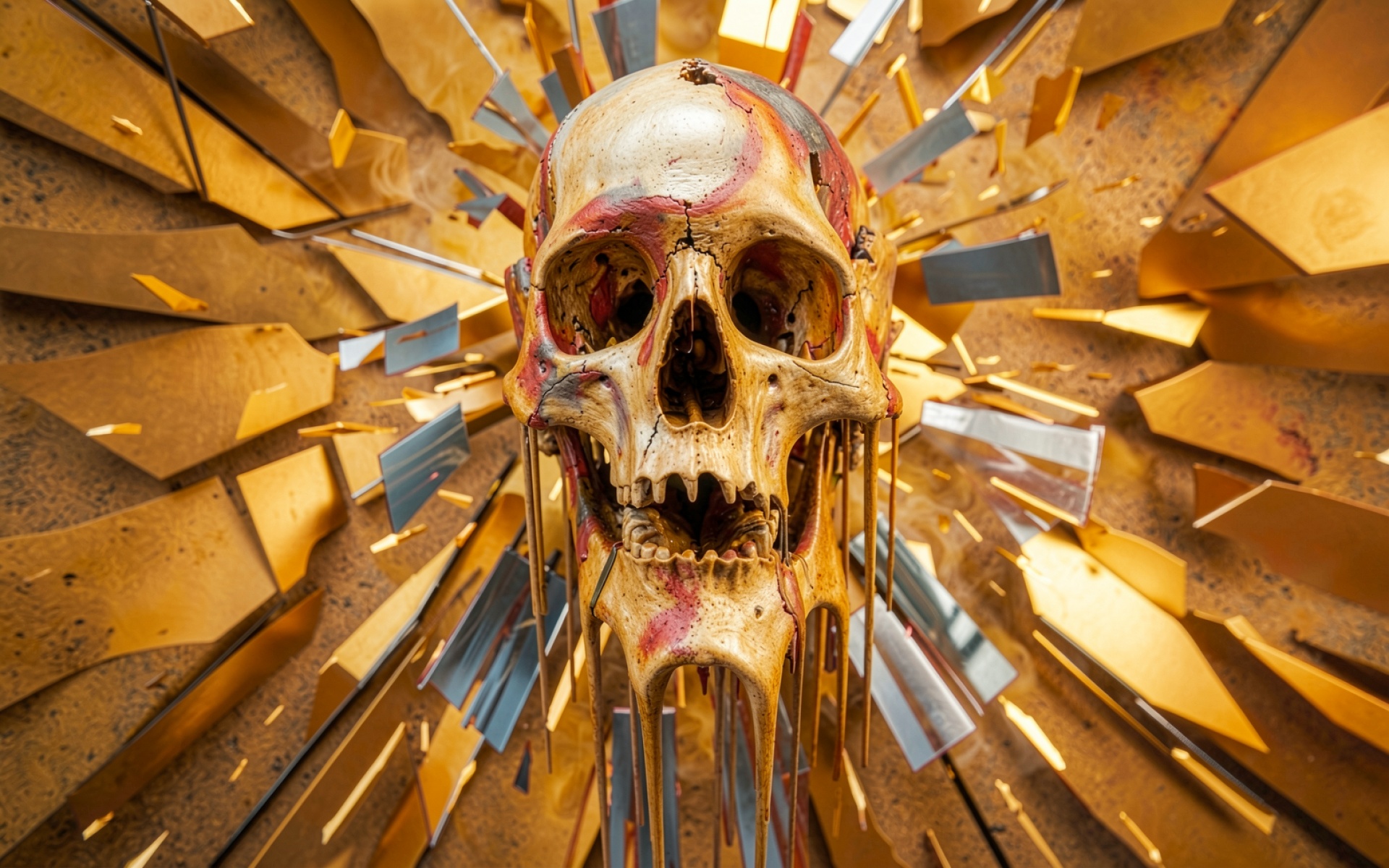 Золотой череп в окружении острых осколков
