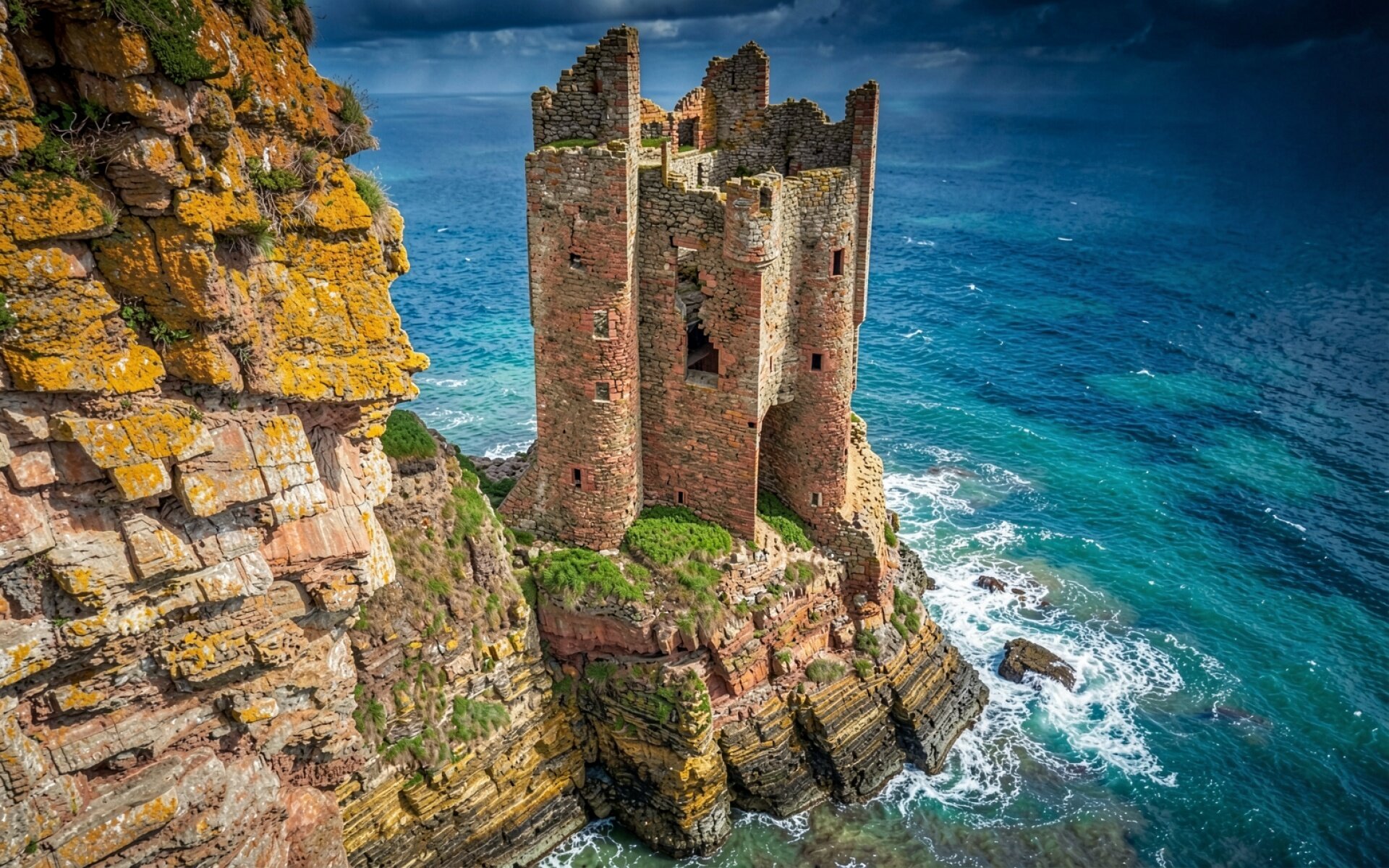 Руины красного замка на скале у океана