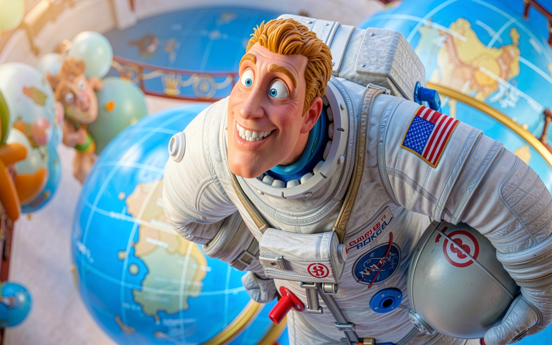 Астронавт в белом скафандре среди глобусов