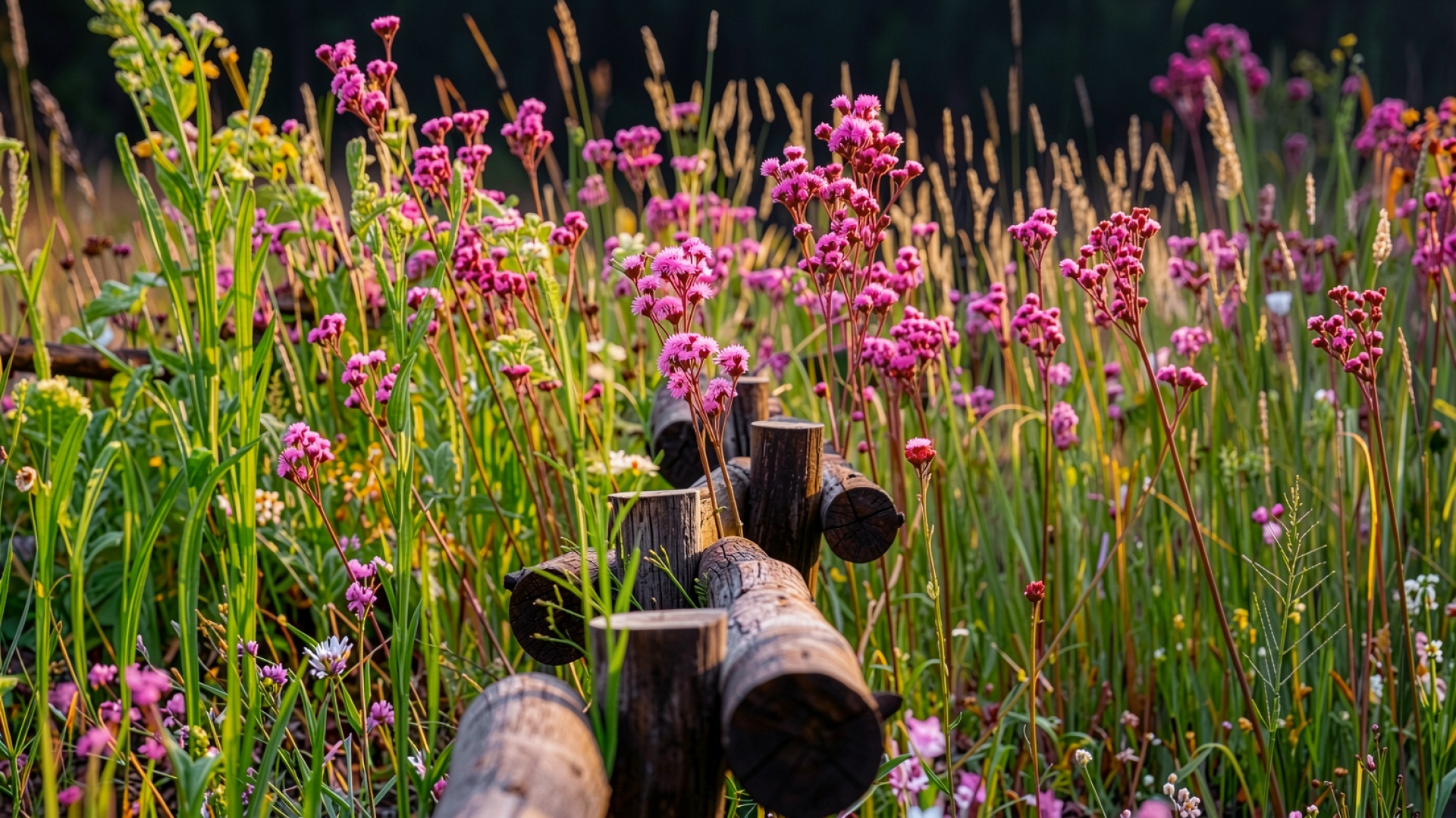 Розовые цветы и деревянный забор в лугу