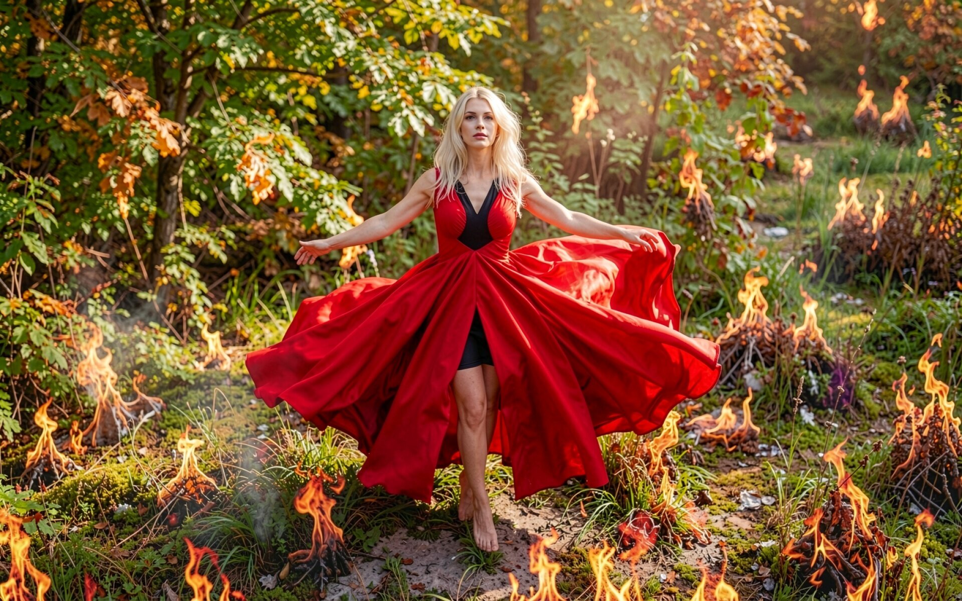 Девушка в красном платье среди лесного огня