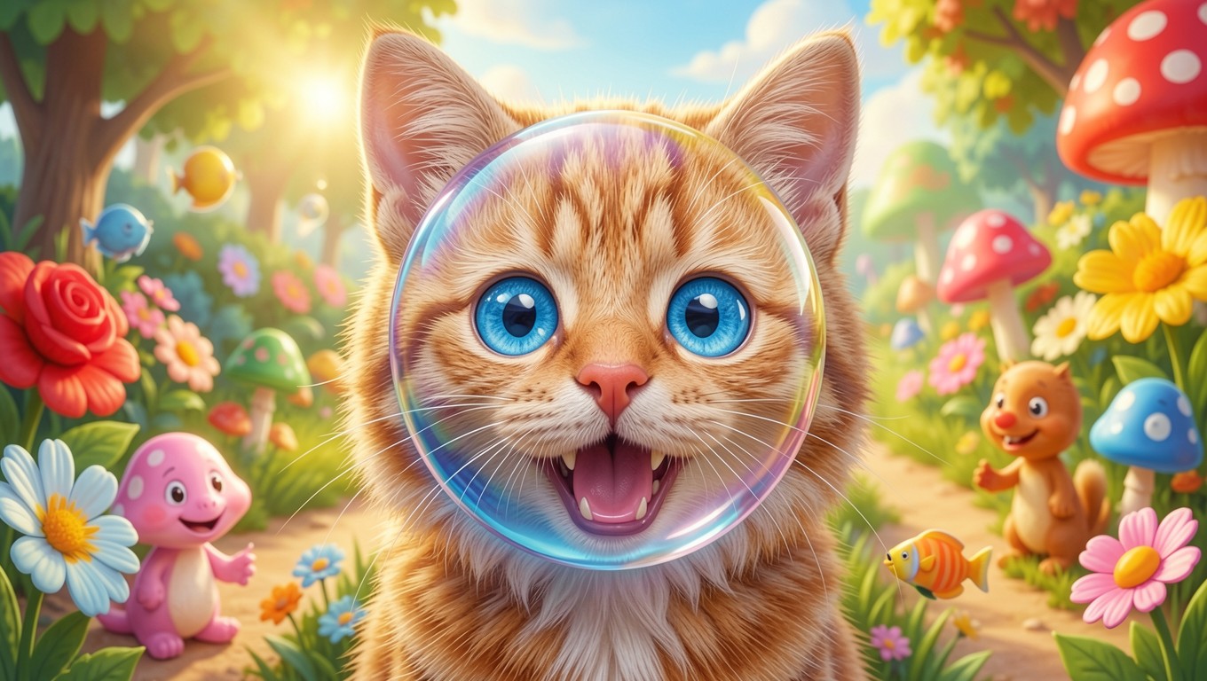 Рыжий котенок в мыльном пузыре сказочного леса