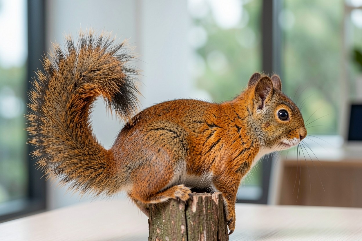 Рыжая белка на деревянном пне в интерьере