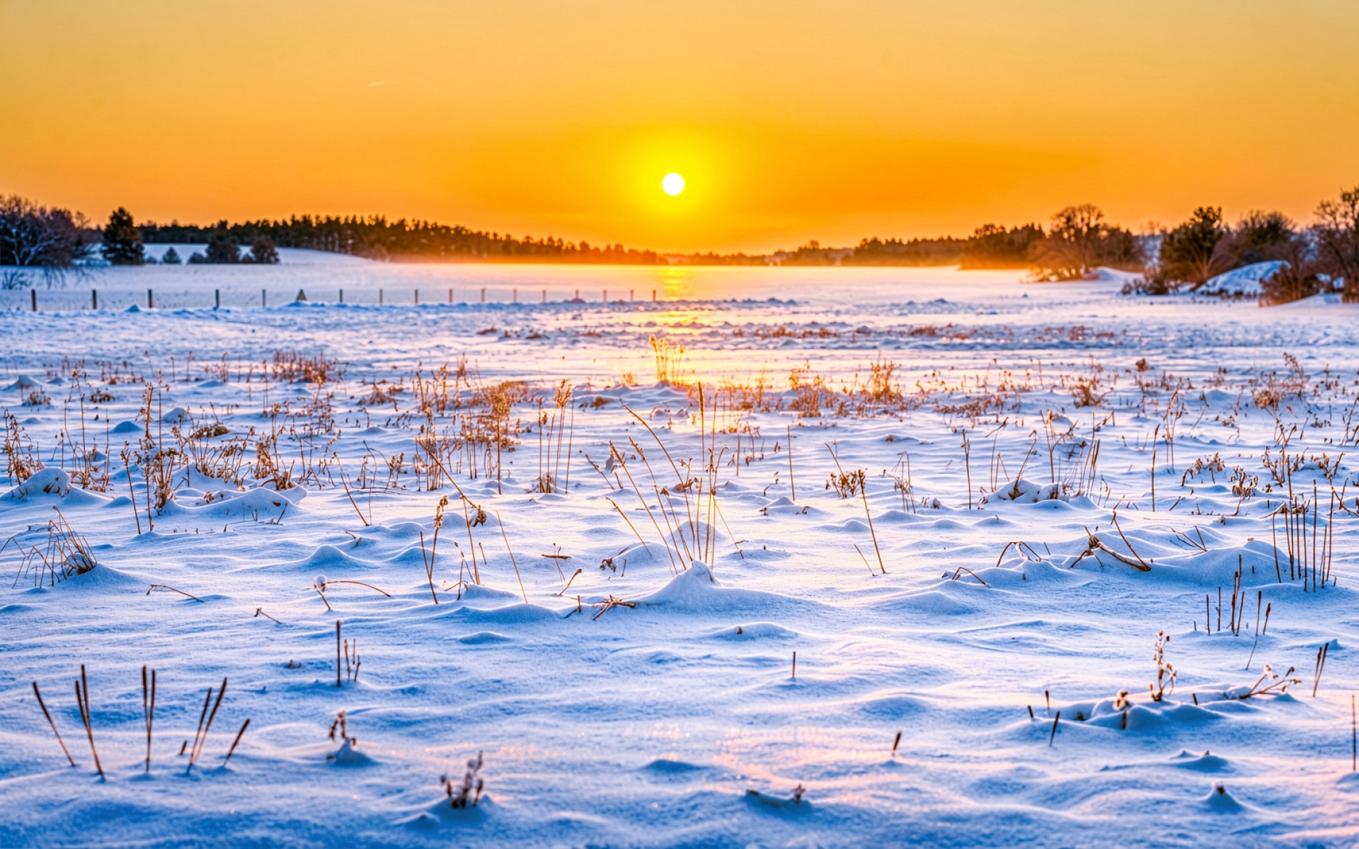 Зимний пейзаж с закатным солнцем в поле