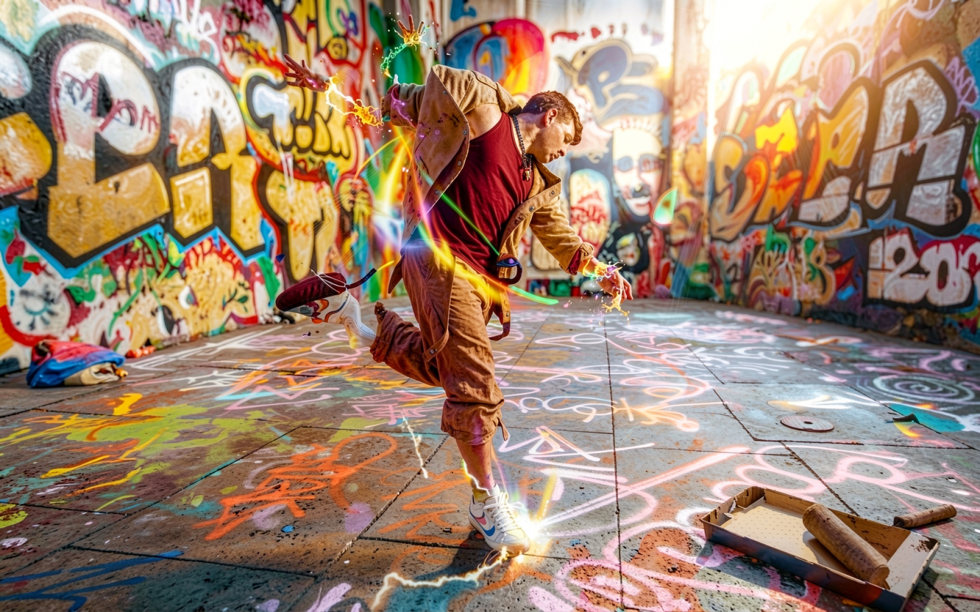 Танцор брейк-данса в окружении ярких граффити