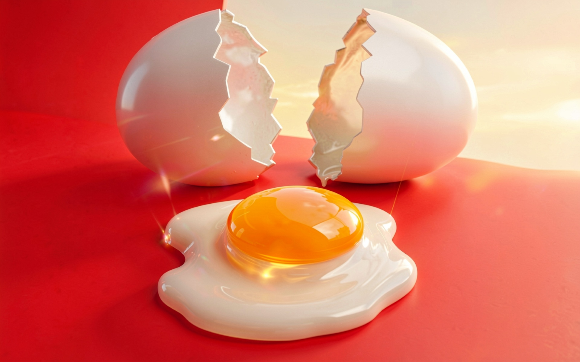 Разбитое яйцо с желтком на красном фоне