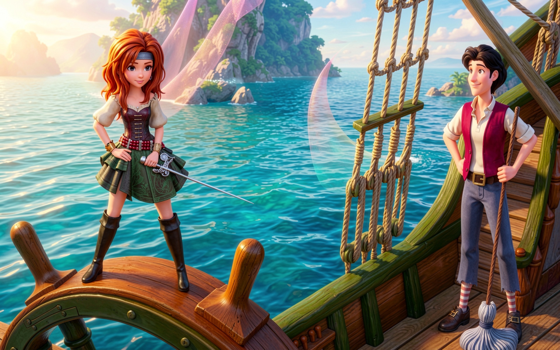 Пиратский корабль с девушкой и юношей в тропиках