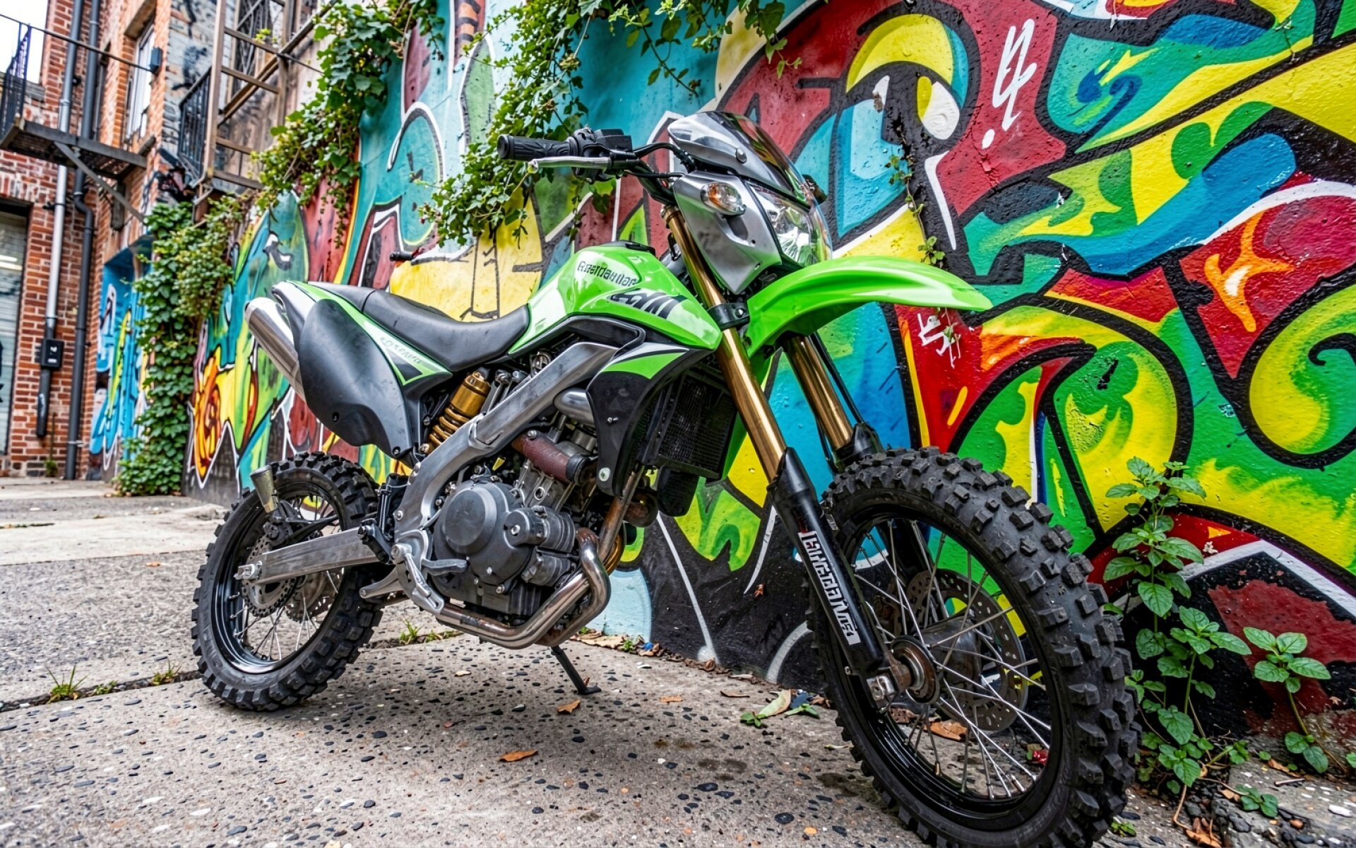 Зеленый эндуро мотоцикл на фоне граффити