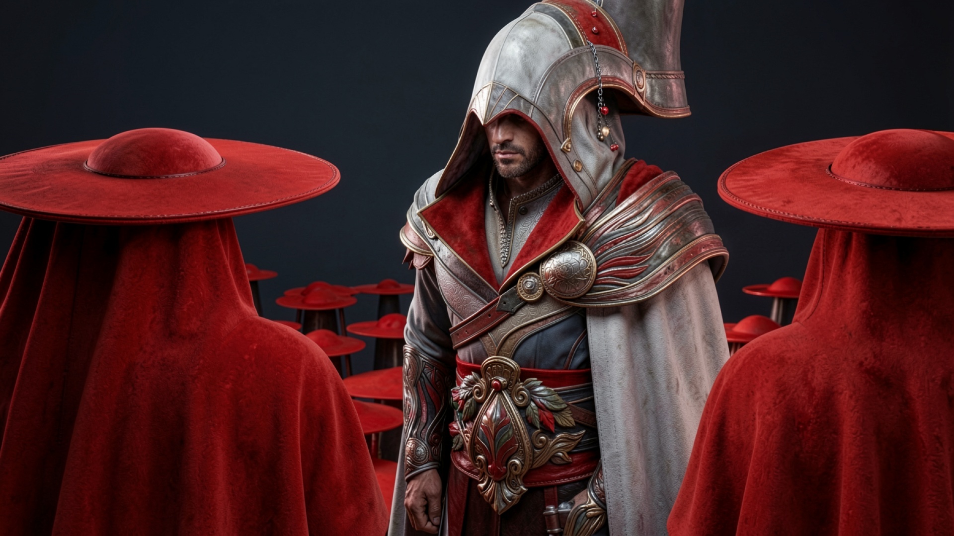 Ассасин в белом капюшоне среди красных кардиналов