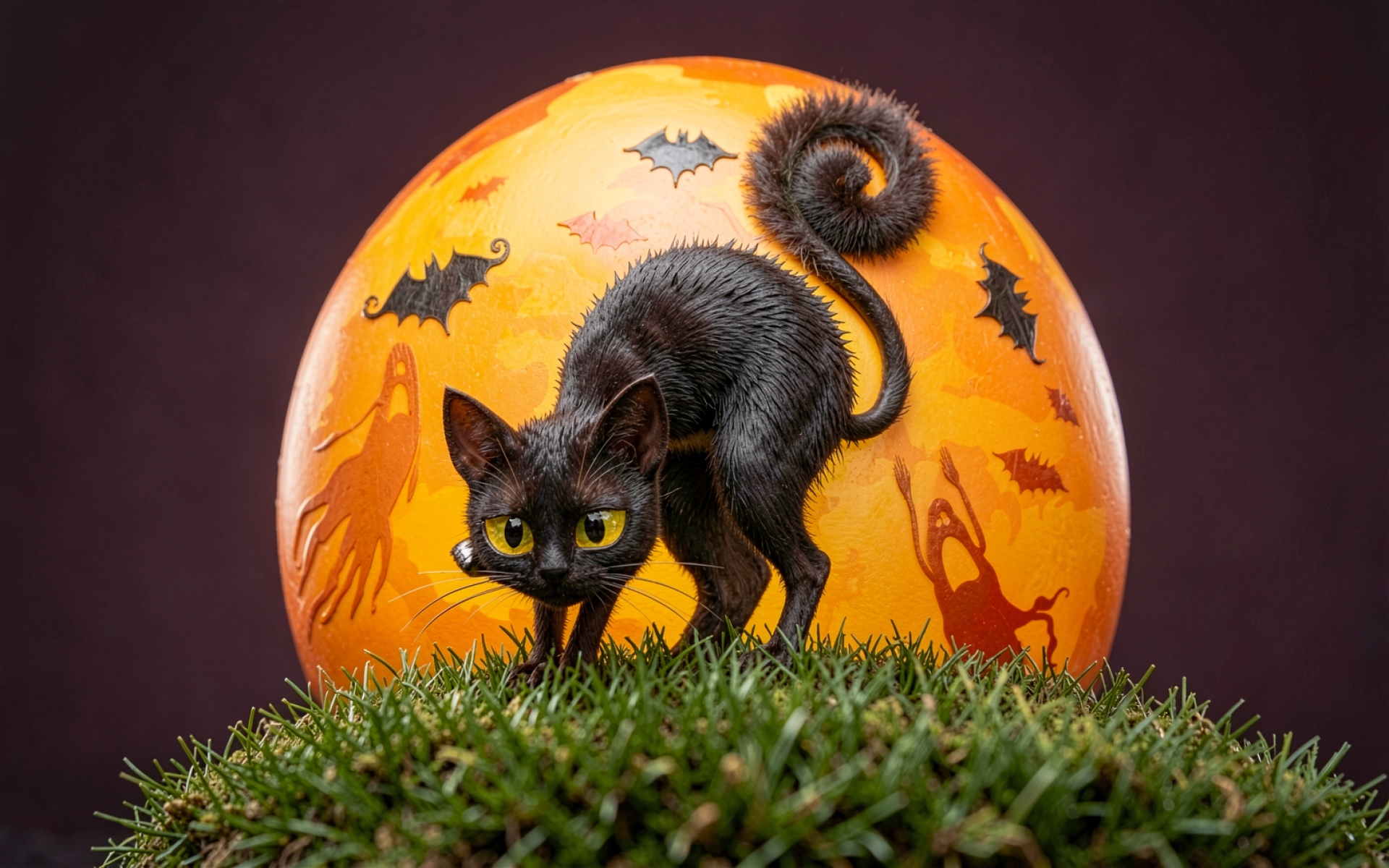 Черный кот на фоне оранжевой тыквы