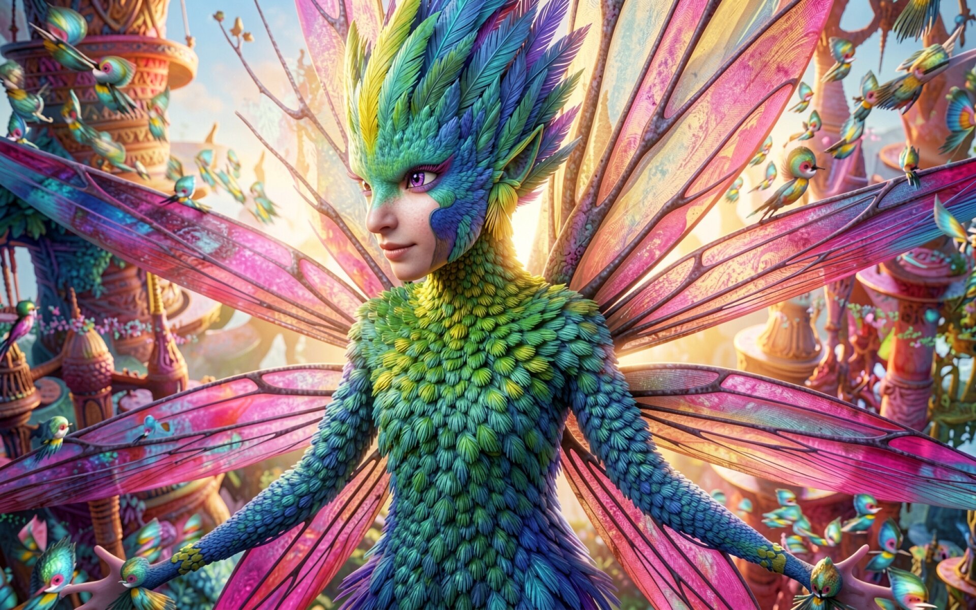 Фантастическая девушка птица в ярком городе