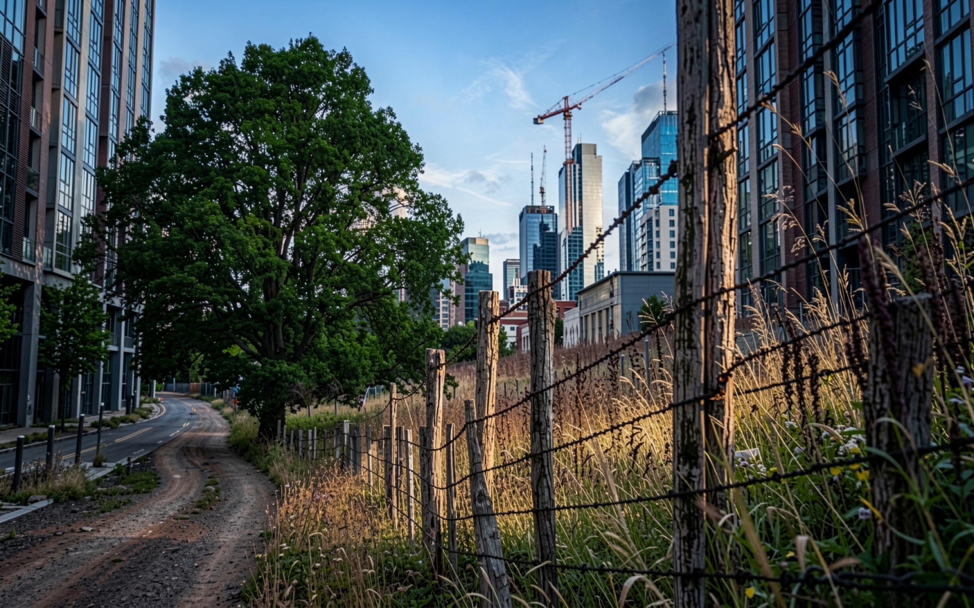 Деревянный забор у дороги на фоне небоскребов