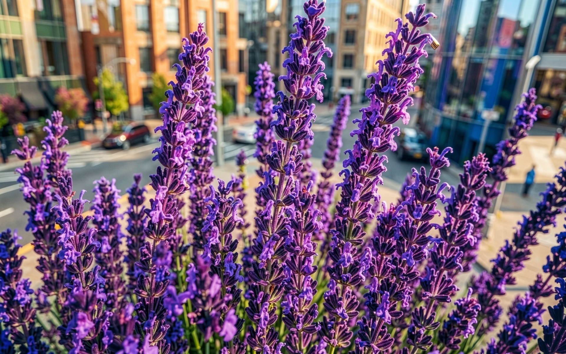 Фиолетовая лаванда на фоне городского пейзажа