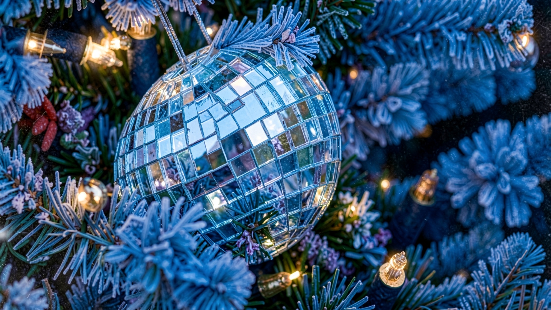 Зеркальный диско-шар в синих заснеженных ветвях