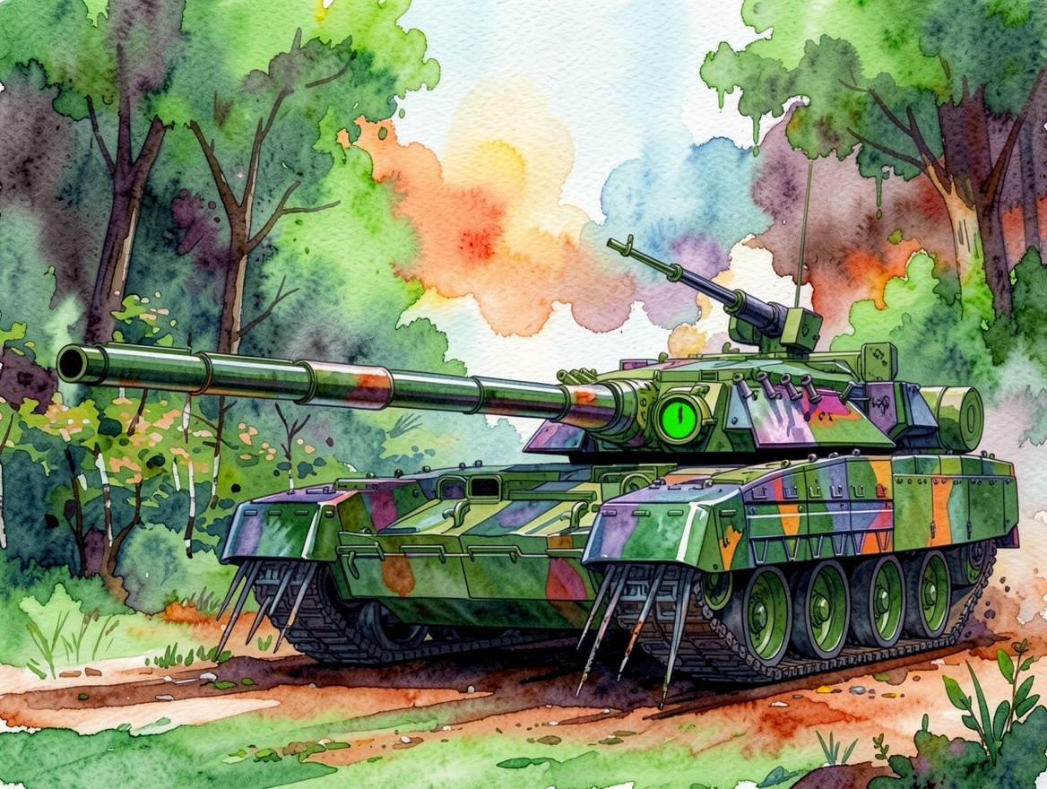 Танк в лесу акварельный стиль яркие цвета