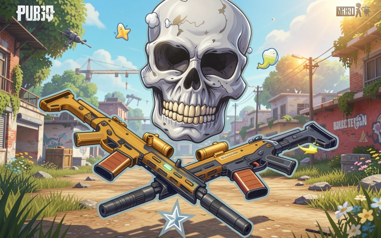 Перекрещенные автоматы и череп в городском пейзаже