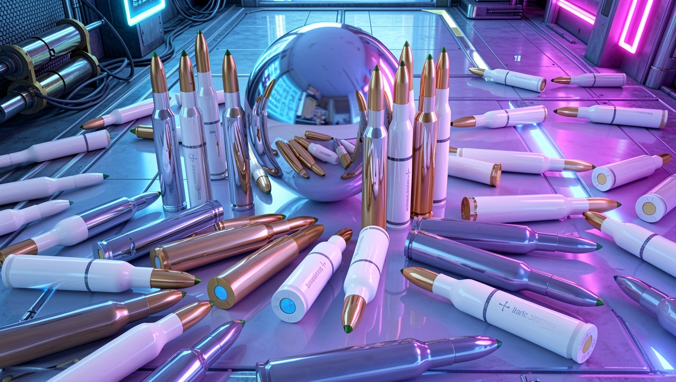 Футуристические патроны в неоновом киберпанк интерьере