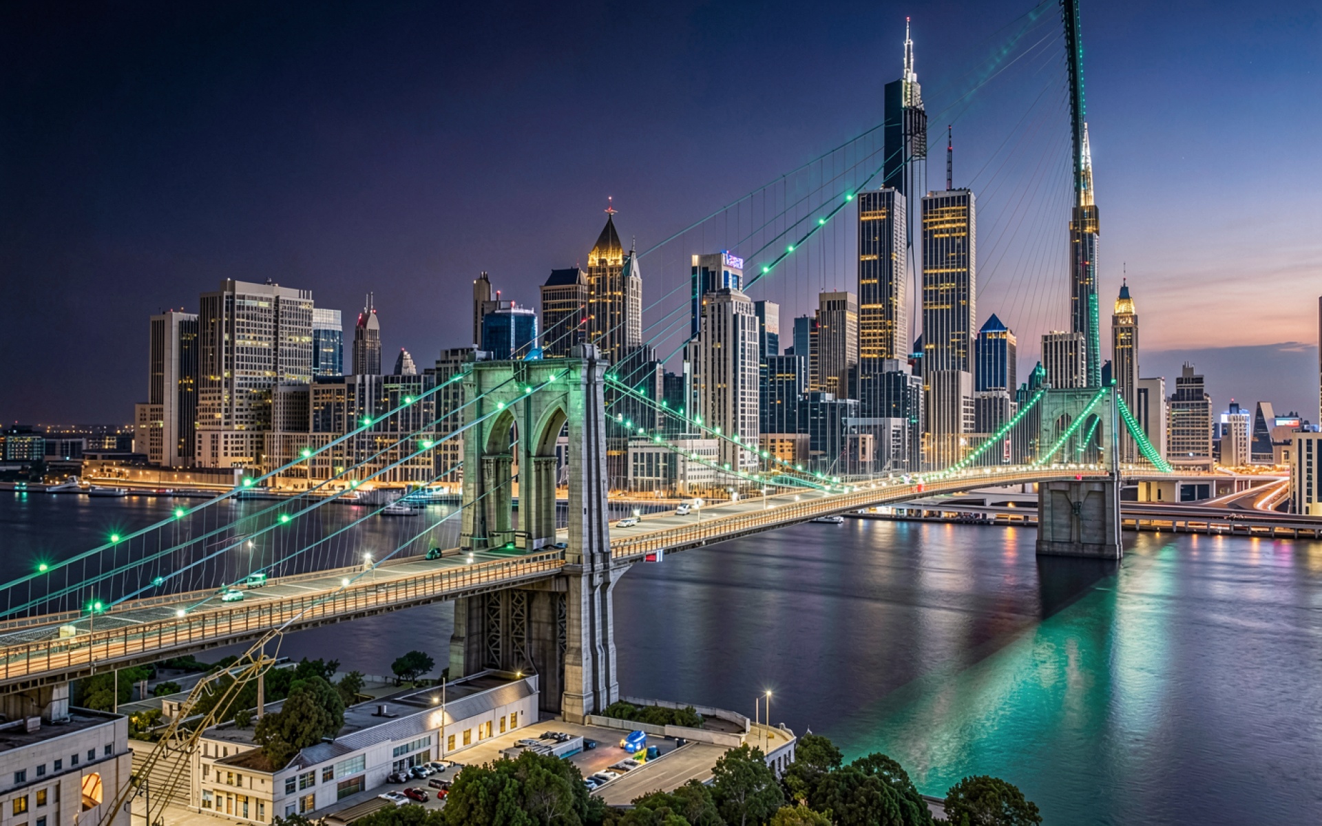 Бруклинский мост ночной город неоновые огни